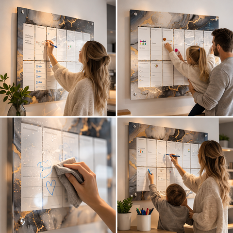 Wiederbeschreibbarer Acryl Familienplaner – Wochenplaner Wand Familie | Abwischbarer Wandkalender Organisation Küche | Personalisiert